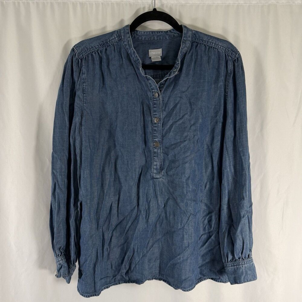 Chico's Chambray Blouse Women's 10 Blue Button Up Long Sleeve Lyocell